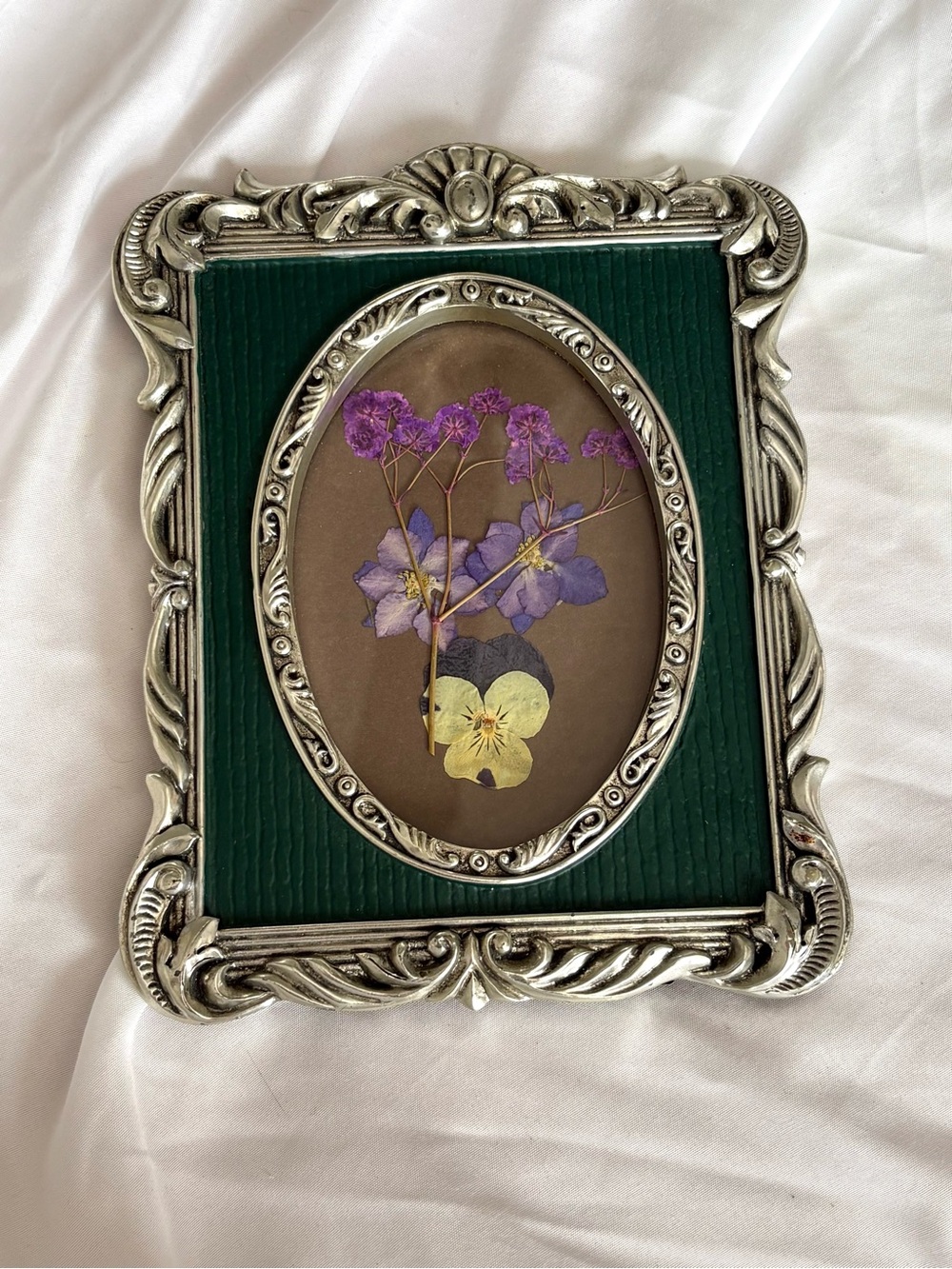 Vintage dried flowers framed artwork silver teal whimsygoth home decor art